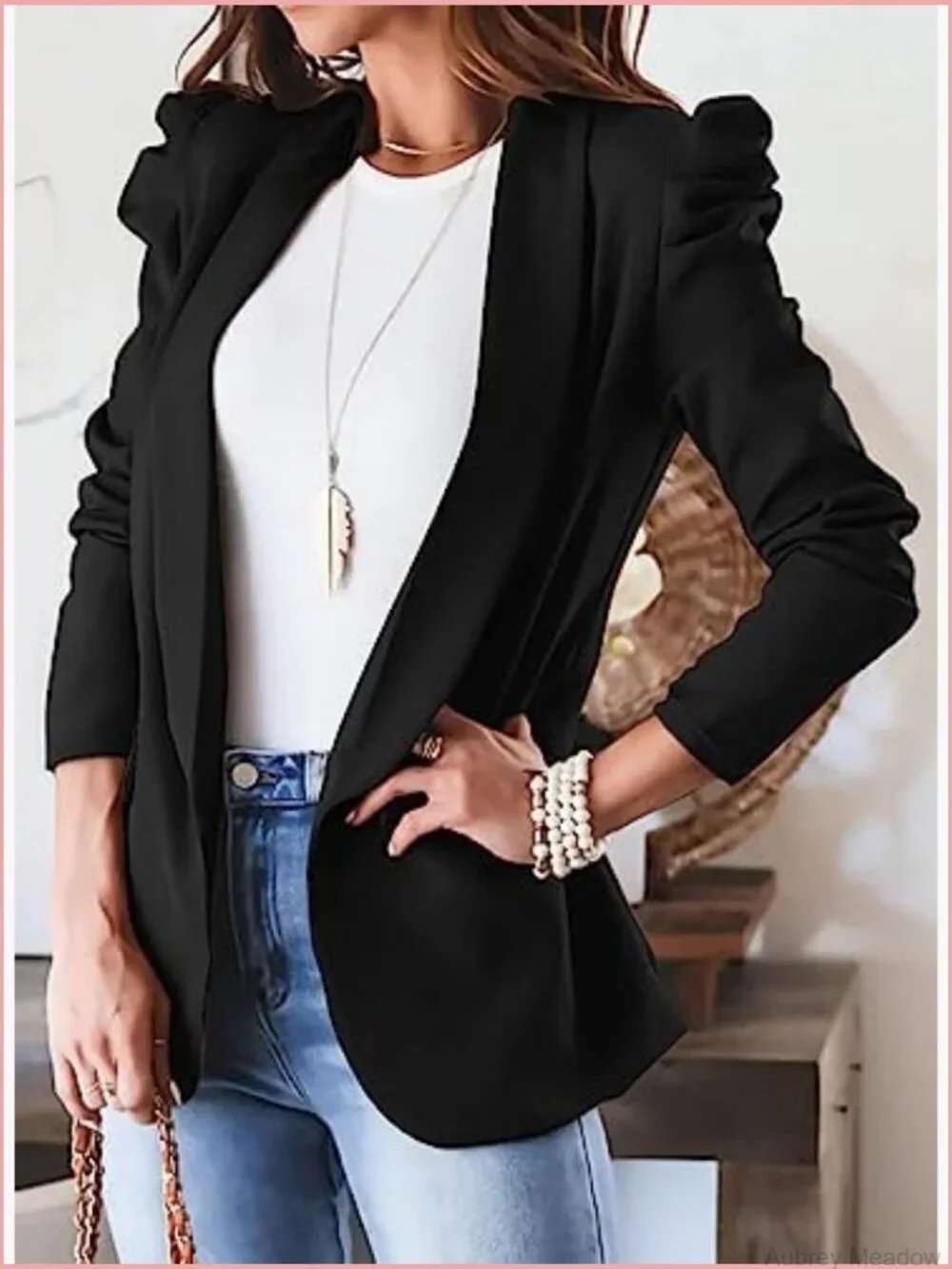 Women's Open Front Blazer, Puff Long Sleeve, Work Office Suit Jacket